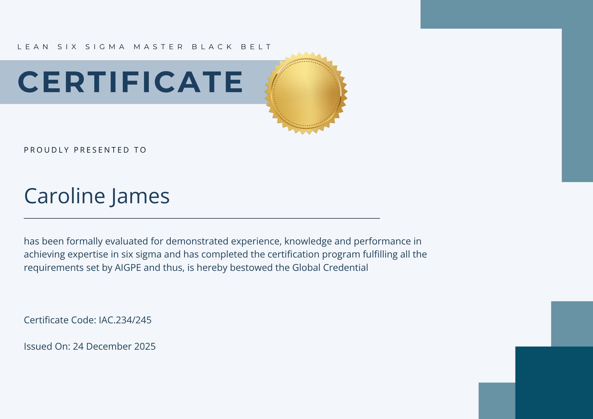 Master Black Belt Six Sigma Certificate Template